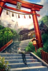 Rule 34 | 2017, aircraft, airship, bad id, bad pixiv id, bamboo, bamboo forest, bird, building, bush, chai (yoship), chicken, chinese zodiac, cloud, cloudy sky, commentary request, day, flower, forest, grass, highres, lamppost, nature, no humans, original, outdoors, plant, rooster, rope, scenery, shrine, sky, stairs, torii, year of the rooster