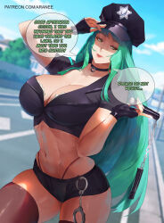 Rule 34 | 1girl, alternate costume, araneesama, black choker, black gloves, breasts, choker, cleavage, cropped shirt, cuffs, day, demon girl, english text, female focus, fingerless gloves, gloves, green eyes, green hair, handcuffs, hat, highres, holding, holding nunchaku, holding weapon, large breasts, long hair, matching hair/eyes, morrigan aensland, navel, nunchaku, outdoors, paid reward available, police, police hat, police uniform, policewoman, short shorts, shorts, skindentation, smile, solo, speech bubble, standing, stomach, thick thighs, thighhighs, thighs, uniform, vampire (game), weapon, whale tail (clothing)