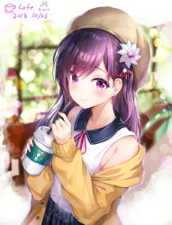 Rule 34 | 1girl, absurdres, bad id, bad pixiv id, blurry, bokeh, brown hat, cardigan, coffee cup, cup, dana (hapong07), dated, day, depth of field, disposable cup, drinking straw, earrings, fingernails, flower, hair flower, hair ornament, hat, highres, holding, holding cup, jewelry, long hair, looking at viewer, nail polish, neck ribbon, off shoulder, open cardigan, open clothes, original, outdoors, pink ribbon, purple eyes, purple hair, purple nails, ribbon, shirt, sidelocks, skirt, sleeveless, sleeveless shirt, smile, solo, stud earrings, wavy hair