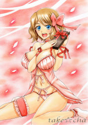 Rule 34 | 1girl, :d, arm between breasts, armlet, artist name, babydoll, bare shoulders, between breasts, blue eyes, blush, bow, box, breasts, bridal garter, brown hair, collarbone, creatures (company), game freak, gift, gift box, groin, hair bow, happy, holding, holding gift, huge breasts, large breasts, lingerie, looking at viewer, marker (medium), navel, neck garter, nintendo, off shoulder, open mouth, pink babydoll, pokemon, pokemon (anime), pokemon xy, red bow, red ribbon, ribbon, round teeth, serena (pokemon), short hair, sitting, smile, socks, solo, spread legs, stomach, strap slip, takecha, tareme, teeth, thighs, traditional media, underwear, valentine, wariza, white socks