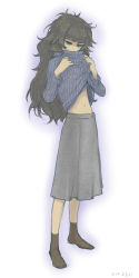 Rule 34 | 1girl, alternate costume, black footwear, black hair, blue sweater, covered mouth, dated, full body, green eyes, grey skirt, highres, hiyajou maho, long hair, long sleeves, menomorute, messy hair, midriff, navel, ribbed sweater, simple background, skirt, socks, solo, standing, steins;gate, steins;gate 0, sweater, thick eyebrows, traditional media, translated, turtleneck, turtleneck sweater, wavy hair, white background