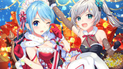 Rule 34 | 2girls, ;d, arm up, basket, black gloves, black ribbon, blue bow, blue eyes, blue hair, blurry, blurry background, bow, breasts, cleavage, detached sleeves, floating hair, fur-trimmed gloves, fur trim, gloves, grey sleeves, hair bow, hair ribbon, highres, holding, holding basket, long hair, long sleeves, maid headdress, medium breasts, mochiko (mochiko3121), multiple girls, neck ribbon, one eye closed, open mouth, original, red gloves, red ribbon, ribbon, short hair, side ponytail, silver hair, smile, striped, striped bow, swept bangs, thighhighs, white legwear
