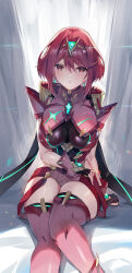 Rule 34 | 1girl, armor, black gloves, breasts, chest jewel, dangle earrings, earrings, fingerless gloves, gloves, hair between eyes, highres, inoue takuya (tactactak), jewelry, large breasts, looking at viewer, parted lips, pyra (xenoblade), red armor, red eyes, red hair, red shorts, red thighhighs, short hair, short shorts, shorts, shoulder armor, sitting, solo, swept bangs, thighhighs, tiara, xenoblade chronicles (series), xenoblade chronicles 2