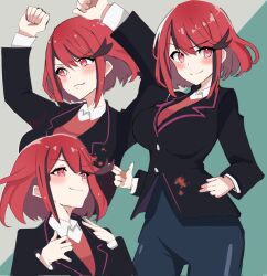 Rule 34 | 1girl, alternate costume, arms up, black jacket, blazer, blush, breasts, bully maguire (meme), collared shirt, commentary, english commentary, highres, jacket, large breasts, long sleeves, looking at viewer, marvel, meme, multiple views, ootaquill, parody, pyra (xenoblade), red eyes, red hair, shirt, smile, spider-man (series), spider-man 2, spider-man 3, white shirt, xenoblade chronicles (series), xenoblade chronicles 2