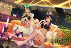 Rule 34 | 2girls, animal, arknights, bar stool, bare arms, bare shoulders, bent over, bikini, black bikini, blue hair, breasts, candle, candlestand, cat, ch&#039;en (arknights), cleavage, commentary request, couch, cup, drinking glass, feet, grand piano, green hair, highres, holding, holding cup, horns, hoshiguma (arknights), indoors, instrument, large breasts, looking at another, moon (jiangxiang ai chizhaji), multi-strapped bikini, multiple girls, nail polish, navel, piano, pillow, red eyes, side-tie bikini bottom, single horn, smile, stomach, stool, swimsuit, tattoo, thighs, toenail polish, toenails, v-shaped eyebrows, watermark