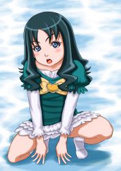 Rule 34 | 10s, 1girl, arm support, blue background, blue eyes, blue hair, blush, commentary request, eyelashes, heartcatch precure!, highres, kamisuki, kneeling, kurumi erika, long hair, looking at viewer, matching hair/eyes, open mouth, precure, skirt, socks, solo