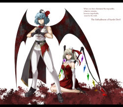 Rule 34 | 2girls, alternate costume, asymmetrical clothes, bare shoulders, bat wings, belt, black gloves, blonde hair, bow, bowtie, breasts, cleavage, cracking knuckles, cross, detached collar, dress, elbow gloves, english text, fang, female focus, flandre scarlet, gloves, hat, hat ribbon, letterboxed, light purple hair, light smile, looking away, muchakushoku, multiple girls, muscular, aged up, own hands together, palm-fist greeting, pants, parted lips, red dress, red eyes, remilia scarlet, ribbon, short hair, siblings, side ponytail, sisters, sitting, sleeveless, text focus, touhou, white gloves, wings