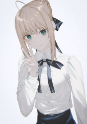 Rule 34 | 1girl, artoria pendragon (all), artoria pendragon (fate), blonde hair, fate/stay night, fate (series), fov ps, green eyes, long sleeves, looking at viewer, ponytail, saber (fate), simple background, smile, solo