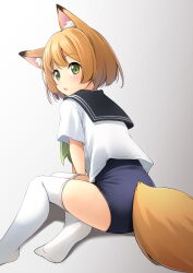 Rule 34 | 1girl, animal ear fluff, animal ears, ass, black sailor collar, blonde hair, blue one-piece swimsuit, commentary request, fox ears, fox girl, fox tail, from behind, gradient background, green eyes, green neckerchief, grey background, highres, neckerchief, no shoes, old school swimsuit, one-piece swimsuit, original, parted lips, sailor collar, school swimsuit, school uniform, serafuku, shibacha, shirt, short hair, short sleeves, soles, solo, swimsuit, swimsuit under clothes, tail, thighhighs, white background, white shirt, white thighhighs