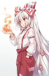 Rule 34 | 1girl, bow, breath, collared shirt, cowboy shot, fire, fujiwara no mokou, hair bow, hand in pocket, highres, long hair, long sleeves, looking to the side, oborofu, open mouth, pants, pocket, red eyes, red pants, shirt, simple background, solo, suspenders, touhou, very long hair, white background, white hair, white shirt