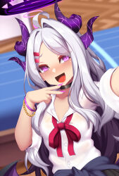 Rule 34 | 1girl, :d, blue archive, blush, bracelet, breasts, choker, clothes around waist, fi-san, gyaru, hair ornament, hairclip, halo, highres, hina (blue archive), horns, jewelry, long hair, looking at viewer, open mouth, pleated skirt, purple eyes, purple nails, school uniform, skirt, small breasts, smile, solo, sweat, white hair, wings