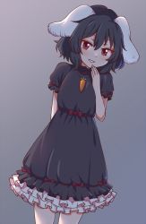 Rule 34 | 1girl, alternate color, animal ears, black dress, black hair, carrot necklace, dress, floppy ears, inaba tewi, necklace, puffy short sleeves, puffy sleeves, rabbit ears, rabbit girl, red eyes, ribbon-trimmed dress, ribbon-trimmed skirt, ribbon trim, short hair, short sleeves, solo, touhou, wavy hair, wool (miwol)