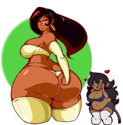Rule 34 | 2girls, animal ears, ass, belly, black hair, breasts, brown eyes, cow ears, cow tail, dark-skinned female, dark skin, earrings, eikasianspire, fat, gala (carmessi), huge ass, huge breasts, jewelry, long hair, muffin top, multiple girls, plump, shorts, tail, thick thighs, thighhighs, thighs, thong