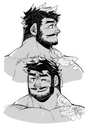Rule 34 | 1boy, bara, beard, black hair, blush, collage, cropped shoulders, dark-skinned male, dark skin, duncan wijaya (kokukokuboo), expressions, facial hair, greyscale, highres, kokukokuboo, large pectorals, looking to the side, male focus, mature male, monochrome, muscular, muscular male, mustache, nude, one eye closed, original, pectorals, short hair, shoulder tattoo, sideburns, smile, spiked hair, tattoo, thick eyebrows