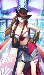 Rule 34 | 1girl, adjusting clothes, adjusting headwear, bare arms, bare legs, bare shoulders, bikini, bikini top only, blue eyes, breasts, brown footwear, brown gloves, choker, cowboy hat, cowboy western, cross, denim, denim skirt, dress, fate/grand order, fate (series), gloves, hand on own hip, hat, heroic spirit festival outfit, large breasts, leather, leather gloves, leather vest, looking at viewer, martha (fate), martha (festival outfit) (fate), midriff, official art, purple hair, sakamoto mineji, skirt, solo, swimsuit, whip, white bikini