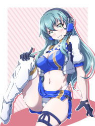 Rule 34 | 1girl, 547th sy, alternate costume, aqua eyes, aqua hair, bandeau, black gloves, blue bandeau, blue skirt, blush, boots, bow, breasts, cleavage, cosplay, cowboy shot, crop top, cropped jacket, gloves, gotland (kancolle), gotland (kancolle) (cosplay), green eyes, green hair, hair ornament, hairclip, headphones, headset, highleg, highleg panties, highres, jacket, kantai collection, knee boots, large breasts, long hair, looking to the side, medium breasts, midriff, miniskirt, navel, open clothes, open jacket, panties, pink bow, purple bandeau, race queen, sitting, skirt, smile, solo, suzuya (kancolle), teeth, thigh boots, thigh strap, thighs, underwear, white background, white footwear, white jacket, white panties