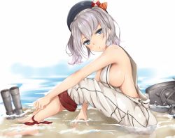 Rule 34 | 10s, 1girl, anklet, bare shoulders, barefoot, beret, binoculars, blue eyes, blush, breasts, from side, hat, jewelry, kantai collection, kashima (kancolle), large breasts, long hair, looking at viewer, partially submerged, pout, shore, sideboob, silver hair, sitting, solo, takumin (takumi415), water