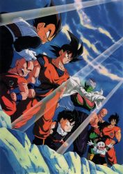 Rule 34 | 1990s (style), 6+boys, bald, black eyes, black hair, cape, chaozu, colored skin, crossed arms, day, dougi, dragon ball, dragonball z, emblem, father and son, floating cape, gloves, green skin, highres, kuririn, light rays, long hair, male focus, multiple boys, multiple girls, muscular, muscular male, namekian, non-web source, official art, open mouth, outdoors, outstretched arms, piccolo, pointy ears, retro artstyle, saiyan, saiyan armor, serious, short hair, sleeveless, smile, son gohan, son goku, standing, tenshinhan, third eye, topless male, turban, vegeta, white gloves, white skin, widow&#039;s peak, wristband, yamcha