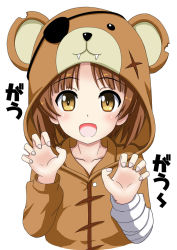 Rule 34 | 10s, 1girl, animal costume, bad id, bad pixiv id, bandages, bear costume, boko (girls und panzer), brown eyes, brown hair, claw pose, commentary request, eyepatch, flipper, girls und panzer, looking at viewer, nishizumi miho, open mouth, pajamas, scar, short hair, simple background, smile, solo, standing, upper body, white background