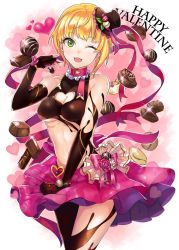 Rule 34 | 10s, 1girl, ashita (2010), bad id, bad twitter id, blonde hair, breasts, chocolate, chocolate clothes, cleavage, cleavage cutout, clothing cutout, gloves, green eyes, hat, heart, heart cutout, idolmaster, idolmaster cinderella girls, looking at viewer, miyamoto frederica, one eye closed, open mouth, short hair, smile, solo, valentine