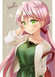 Rule 34 | 1girl, absurdres, akashi (kancolle), alternate costume, alternate hairstyle, beige jacket, braid, commentary request, cowboy shot, dated, dress, green dress, green eyes, grey background, highres, kantai collection, long hair, pink hair, signature, solo, two-tone background, yumi yumi