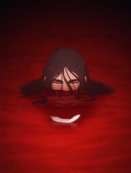 Rule 34 | 1boy, blood, brown eyes, brown hair, commentary, eren yeager, facial mark, feathers, hanpetos, long hair, male focus, partially submerged, pool of blood, shingeki no kyojin, solo