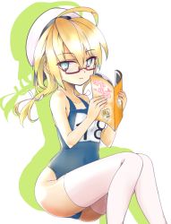 Rule 34 | 10s, 1girl, ahoge, bare shoulders, blonde hair, blue eyes, book, breasts, glasses, hat, i-8 (kancolle), jirai souchou, kantai collection, low twintails, medium breasts, one-piece swimsuit, personification, red-framed eyewear, school swimsuit, semi-rimless eyewear, smile, solo, swimsuit, thighhighs, twintails, under-rim eyewear, white thighhighs