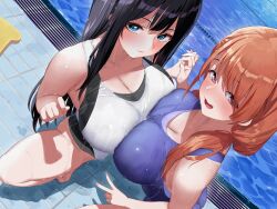 Rule 34 | 2girls, absurdres, black hair, blue eyes, blue one-piece swimsuit, blush, breast press, breasts, brown hair, cleavage, closed mouth, collarbone, competition swimsuit, fang, hair over shoulder, highres, interlocked fingers, kaisen chuui, kickboard, large breasts, long hair, multiple girls, non-web source, one-piece swimsuit, open mouth, original, pool, poolside, purple eyes, smile, squatting, swimsuit, symmetrical docking, wet, white one-piece swimsuit