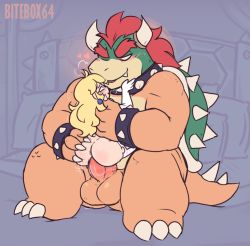 Rule 34 | 1boy, 1girl, ahoge, anus, arm up, artist name, ass, ass grab, back, bed, bitebox64, blonde hair, blue eyes, blush, bowser, bracelet, breath, claws, collar, dimples of venus, earrings, elbow gloves, erection, fangs, gloves, hand on another&#039;s cheek, happy sex, heart, hetero, highres, horns, hug, huge ass, huge penis, huge testicles, indoors, jewelry, knees up, large insertion, long hair, looking at another, looking down, looking up, mario (series), messy hair, motion lines, muscular, nintendo, nose, nostrils, nude, on bed, one eye closed, parted lips, penis, pillow, princess peach, pussy juice, red eyes, red hair, scales, sex, shell, sitting, size difference, smile, spiked bracelet, spiked collar, spiked shell, spikes, straddling, super mario bros. 1, sweat, tail, testicles, thick eyebrows, thighhighs, uncensored, upright straddle, vaginal, white gloves, white thighhighs