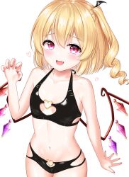 Rule 34 | 1girl, :d, absurdres, alternate costume, blonde hair, blush, breasts, claw pose, commentary request, cowboy shot, crystal, drill hair, fang, flandre scarlet, hand up, heart, heart o-ring, highres, long hair, looking at viewer, medium hair, nail polish, no headwear, nyanyanoruru, one side up, open mouth, petite, pink eyes, red nails, simple background, small breasts, smile, solo, spread fingers, touhou, white background, wings