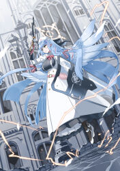 Rule 34 | 1girl, angel wings, belt pouch, black pantyhose, blue archive, blue hair, braid, breasts, dress, energy, gloves, green eyes, gun, halo, hat, highres, holding, holding gun, holding weapon, lamppost, large breasts, lever action, long dress, long hair, mine (blue archive), nurse cap, pantyhose, pointy ears, pouch, riot shield, shield, shotgun, twin braids, weapon, white gloves, wings, yuuichi (reductionblack)