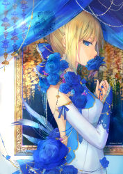 Rule 34 | 1girl, alternate costume, artist name, artoria pendragon (all), artoria pendragon (fate), bare shoulders, beads, blonde hair, blue bow, blue eyes, blue flower, blue nails, blue ribbon, blue rose, bow, breasts, chain, covered mouth, detached sleeves, drawing (object), eyelashes, fate/stay night, fate (series), feathers, flower, flower over mouth, formal, framed, from side, gem, hair bow, hair flower, hair ornament, hair ribbon, halterneck, holding, holding flower, lace-trimmed bow, lace trim, looking at viewer, mimi n, nail polish, own hands together, pearl (gemstone), picture frame, profile, ribbon, rose, saber (fate), sidelocks, sleeves past wrists, solo, string, upper body, wisteria