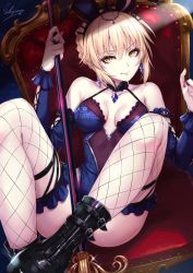 Rule 34 | 1girl, ahoge, animal ears, artoria pendragon (alter swimsuit rider) (fate), artoria pendragon (alter swimsuit rider) (third ascension) (fate), artoria pendragon (fate), black footwear, black thighhighs, blonde hair, blue leotard, boots, braid, breasts, broom, chair, choker, cleavage cutout, clothing cutout, commentary, detached sleeves, fake animal ears, fate/grand order, fate (series), fishnet thighhighs, fishnets, gem, glint, hairband, highres, holding, holding broom, holding weapon, jacket, jewelry, leotard, light particles, light smile, looking at viewer, medium breasts, multicolored leotard, nail polish, navel, open clothes, purple gemstone, purple leotard, purple lips, rabbit ears, red nails, ribbon, ring, sakiyamama, shoes, short hair, sitting, solo, thighhighs, tsurime, v-shaped eyebrows, weapon, yellow eyes