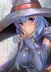 Rule 34 | 10s, 1girl, bare shoulders, black gloves, blush, breasts, cape, chengshu, detached sleeves, elbow gloves, fingerless gloves, gloves, hai to gensou no grimgar, hat, large breasts, looking at viewer, purple eyes, purple hair, shihoru (grimgar), short hair, solo, witch hat
