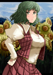 Rule 34 | 1girl, arched back, blue sky, blurry, blush, breasts, cloud, collared shirt, cowboy shot, day, depth of field, female focus, flower, garden of the sun, green eyes, green hair, hand on own hip, highres, hip focus, kazami yuuka, large breasts, letterboxed, light frown, long sleeves, looking at viewer, matching hair/eyes, mountain, open clothes, open collar, open vest, plaid, plaid skirt, plaid vest, shirt, short hair, skirt, sky, solo, standing, sunflower, tenko (gintenko), touhou, vest, wavy hair, white shirt, wind