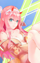 Rule 34 | 1girl, blue eyes, breasts, candy, cleavage, closed mouth, darling in the franxx, fang, food, hair between eyes, hairband, highres, horns, jacket, lollipop, long hair, medium breasts, naked jacket, nhan, off shoulder, open clothes, open jacket, pink hair, pink jacket, skin fang, solo, straight hair, very long hair, white hairband, zero two (darling in the franxx)