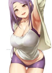 Rule 34 | armpits, beige cardigan, bra, bra visible through clothes, breasts, brown eyes, cardigan, cleavage, collarbone, curvy, kirinkirin, large breasts, long hair, mature female, midriff, mole, mole under eye, mole under mouth, open mouth, original, outstretched arm, purple bra, purple hair, purple shorts, see-through, shorts, solo, tank top, thigh gap, thighs, underwear, white background, white tank top