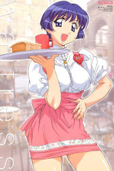 Rule 34 | 1girl, :d, ai yori aoshi, anna miller, blue eyes, blue hair, breasts, cake, cup, food, hand on own hip, hasegawa shin&#039;ya, highres, impossible clothes, impossible shirt, matching hair/eyes, miniskirt, official art, open mouth, pastry, sakuraba aoi, scan, shirt, short hair, skirt, smile, solo, waitress