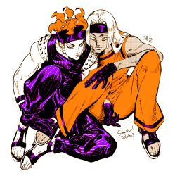 Rule 34 | 1boy, 1girl, bad id, bad tumblr id, dated, eyelashes, gloves, headband, hime cut, jojo no kimyou na bouken, jumpsuit, kotteri, long hair, looking to the side, orange hair, orange jumpsuit, purple gloves, purple headband, purple jumpsuit, short hair, simple background, sitting, squalo, striped, tiziano, vertical stripes