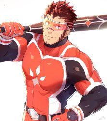Rule 34 | 1boy, akashi (live a hero), bara, baseball bat, bodysuit, bulge, close-up, facial hair, gloves, gradient hair, hand on own hip, highres, large pectorals, live a hero, long sideburns, male focus, manly, multicolored hair, muscular, pectorals, red bodysuit, red eyes, red hair, short hair, sideburns, skin tight, smile, solo, thick eyebrows, thighs, tight clothes, upper body, zifu