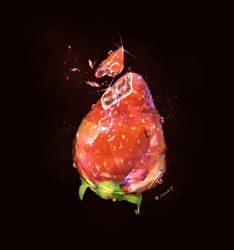 Rule 34 | artist name, black background, breaking, cocon (cocon q), food, food focus, fruit, highres, light particles, no humans, original, red theme, signature, simple background, still life, strawberry, twitter username, water drop