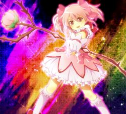 Rule 34 | 10s, 1girl, akasata, bow, bow (weapon), frills, gloves, hair bow, kaname madoka, kneehighs, magical girl, mahou shoujo madoka magica, mahou shoujo madoka magica (anime), pink eyes, pink hair, rainbow background, short hair, short twintails, skirt, smile, socks, solo, standing, twintails, weapon, white socks