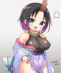 Rule 34 | 10s, 1girl, bad id, bad pixiv id, bare shoulders, black hair, blue eyes, blush, breasts, covered erect nipples, covered navel, dragon girl, dragon tail, elma (maidragon), gradient background, gradient hair, grey background, hand on own hip, horns, kobayashi-san chi no maidragon, large breasts, mashiro miru, multicolored hair, open mouth, purple hair, short hair, single horn, solo, tail, twitter username