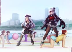 Rule 34 | 6+girls, black legwear, blurry, breasts, brown eyes, brown hair, commentary, commission, crossover, depth of field, essex (warship girls r), gangnam style, gangut (kancolle), grey hair, hands on own hips, hat, height difference, highres, kantai collection, large breasts, long sleeves, melisaongmiqin, multiple girls, pantyhose, parody, peaked cap, psy, pun, small breasts, sunglasses, two side up, warship girls r