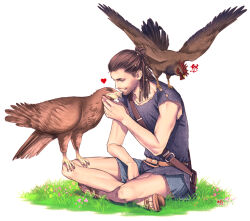 Rule 34 | 1boy, affectionate, alexios (assassin&#039;s creed), animal, animal on shoulder, assassin&#039;s creed: odyssey, assassin&#039;s creed (series), bag, beard stubble, belt, bird, bird on leg, bird on shoulder, braid, brown hair, chicken, eagle, facial hair, flower, hair bun, hair pulled back, half updo, hand up, heart, kiske, looking at animal, male focus, multiple braids, mustache stubble, on ground, petting, profile, rooster, sandals, shoe soles, shoulder bag, simple background, single hair bun, smile, stubble, toned, toned male, torn clothes, torn sleeves, tunic, white background