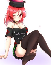 Rule 34 | 1girl, ;), ass, bad id, bad twitter id, bare shoulders, black choker, black shirt, black thighhighs, blush, breasts, choker, cleavage, clothes writing, collarbone, commentary request, convenient leg, feet out of frame, gradient background, green skirt, hair between eyes, hecatia lapislazuli, highres, knees together feet apart, knees up, large breasts, long hair, looking at viewer, miniskirt, musteflott419, no shoes, off-shoulder shirt, off shoulder, one eye closed, plaid, plaid skirt, purple background, red eyes, red hair, shirt, short sleeves, sitting, skirt, smile, solo, t-shirt, thighhighs, thighs, touhou, white background