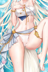 Rule 34 | 1girl, aiguillette, arknights, arm up, bare legs, barefoot, bikini, bracelet, breasts, cameltoe, chinese commentary, collarbone, criss-cross halter, dakimakura (medium), from above, halterneck, hand on own chest, head out of frame, horse tail, jewelry, jiushi shijiu, legs, long hair, lower body, medium breasts, midriff, navel, official alternate costume, partially submerged, partially visible vulva, petals, platinum (arknights), platinum (shimmering dew) (arknights), sash, see-through, silver hair, solo, straight hair, striped sash, swimsuit, tail, thighs, very long hair, water, wet, wet clothes, white bikini