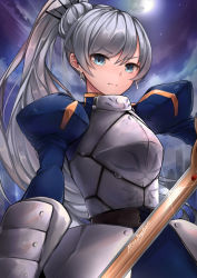 Rule 34 | &gt;:(, 1girl, armor, artoria pendragon (all), artoria pendragon (fate), belt, blue dress, blue eyes, closed mouth, commentary, commission, cosplay, dress, earrings, fate/stay night, fate (series), frown, gauntlets, grey hair, holding, holding sword, holding weapon, jewelry, juliet sleeves, long hair, long sleeves, looking at viewer, moon, moonlight, neonbeat, ponytail, puffy sleeves, rwby, saber (fate), saber (fate) (cosplay), signature, solo, standing, sword, upper body, v-shaped eyebrows, very long hair, weapon, weiss schnee