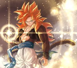 Rule 34 | 1boy, abs, arm at side, blue eyes, blurry, body fur, bokeh, depth of field, dragon ball, dragon ball gt, dragonball z, energy ball, glowing, gogeta, gradient background, grey background, legs apart, light particles, light rays, long hair, looking away, mattari illust, monkey tail, pants, pectorals, red hair, smile, solo, spiked hair, standing, super saiyan, super saiyan 4, tail, twitter username, upper body, very long hair, waistcoat, white background, white pants, wristband