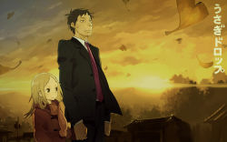 Rule 34 | 1boy, 1girl, architecture, autumn, blonde hair, brown eyes, brown hair, child, cloud, coat, copyright name, east asian architecture, formal, holding hands, kaga rin, kawachi daikichi, leaf, mhk (mechamania), necktie, power lines, scarf, scenery, sky, smile, suit, sunset, translation request, usagi drop, utility pole, wind
